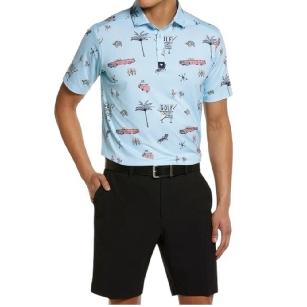Bad Birdie Mens The Drive In Print Polo Shirt M Light Blue Polyester Spandex EXC